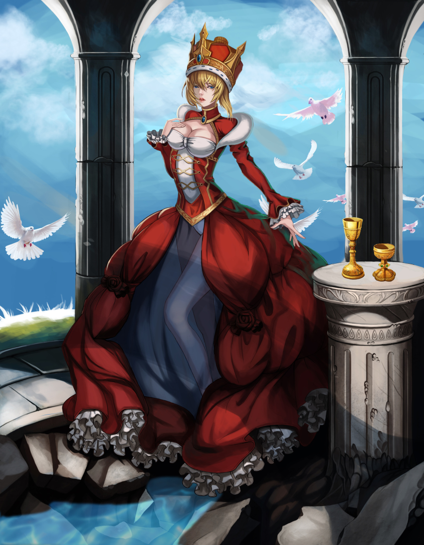 10s 1girl absurdres ahoge bird blonde_hair blue_eyes breasts chalice cleavage crown cup dove dress epaulettes fate/extra fate_(series) female_focus hair_ribbon highres large_breasts leidami nero_claudius_(fate) nero_claudius_(fate/extra) pigeon red_dress ribbon solo