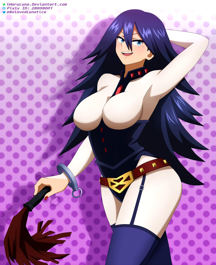 1girl absurdres arm_at_side arm_behind_head armpits artist_name belt belt_buckle between_breasts black_hair black_leotard blue_eyes boku_no_hero_academia breasts buckle collar collarbone collared_leotard cuffs curvy dominatrix eyelashes female_focus fingernails garter_belt garter_straps gradient_background hair_between_eyes handcuffs highres holding holding_whip iharuluna large_breasts leather leather_leotard legs leotard long_hair looking_at_viewer midnight_(boku_no_hero_academia) mole mole_under_eye nail_polish neck no_bra no_mask open_mouth polka_dot polka_dot_background purple_background purple_thighhighs red_nails revealing_clothes seductive_smile shiny_skin sidelocks skin_tight smile spiked_hair standing thighhighs thighs tight_clothes whip