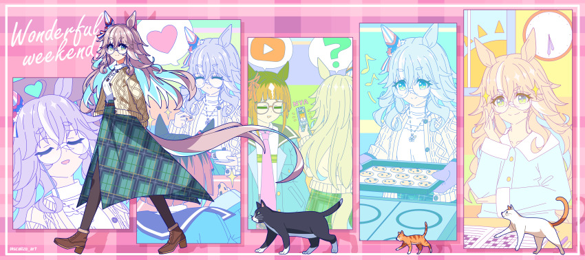 2girls =_= ? absurdres alternate_costume arms_behind_back blue_eyes breasts casual cat cellphone clock closed_eyes commentary glasses grey_hair hair_between_eyes hair_ornament heart highres horse_girl jewelry multiple_girls necklace open_mouth pantyhose phone scalizo small_breasts smile spoken_heart thick_eyebrows transcend_(umamusume) umamusume wonder_acute_(umamusume)
