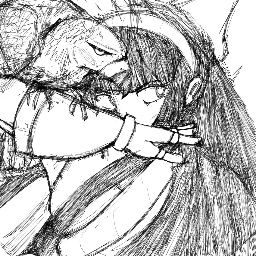 1girl ainu_clothes arm_up artist_name black_hair breasts fingerless_gloves gloves hair_ribbon highres long_hair mamahaha monochrome nakoruru ribbon samurai_spirits serious sketch small_breasts snk the_king_of_fighters traditional_media weapon