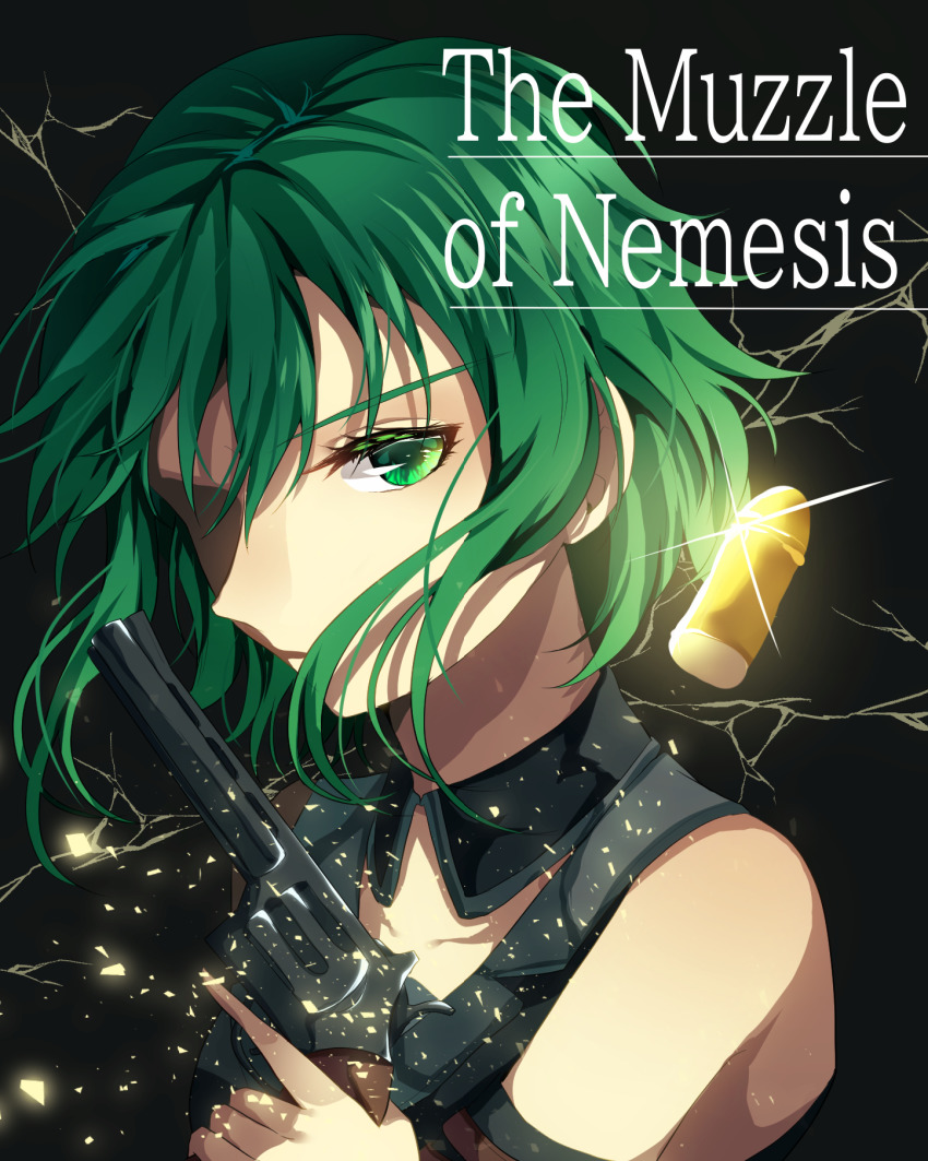 1girl aryuma772 black_background bullet collarbone detached_collar evillious_nendaiki floating_hair green_eyes green_hair gumi gun hair_between_eyes handgun highres holding holding_gun holding_weapon nemesis_no_juukou_(vocaloid) nemesis_sudou short_hair solo song_name upper_body vocaloid weapon