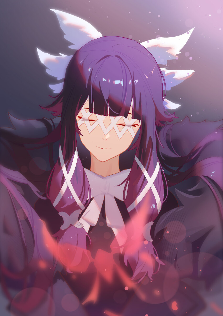 1girl absurdres black_hair coat columbina_(genshin_impact) eye_mask fatui_coat fur-trimmed_coat fur_trim genshin_impact hair_ornament head_wings highres long_hair moje_(mojie2233) multicolored_hair pink_hair portrait ribbon smile solo streaked_hair two-tone_hair upper_body white_mask wings
