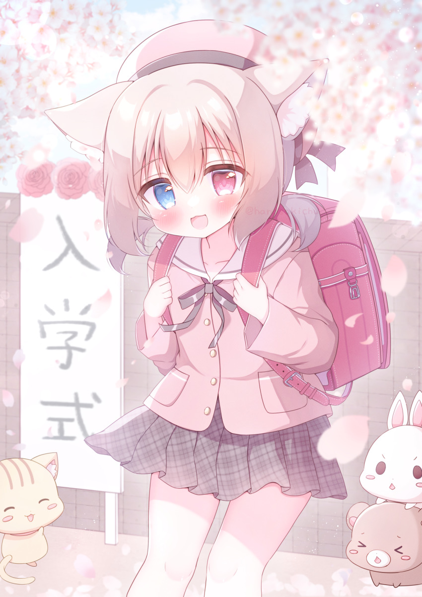 1girl :3 :d animal_ear_fluff animal_ears backpack bag black_ribbon black_skirt blue_eyes blush brown_hair buttons cat_ears cat_girl cherry_blossoms collarbone commentary_request commission day entrance_ceremony feet_out_of_frame hair_between_eyes hanasakichu hat heterochromia highres jacket long_sleeves looking_at_viewer neck_ribbon open_mouth original outdoors petals pink_hat pink_jacket plaid_clothes plaid_skirt pleated_skirt randoseru red_eyes ribbon sailor_collar school_uniform serafuku short_hair skeb_commission skirt smile solo standing white_sailor_collar