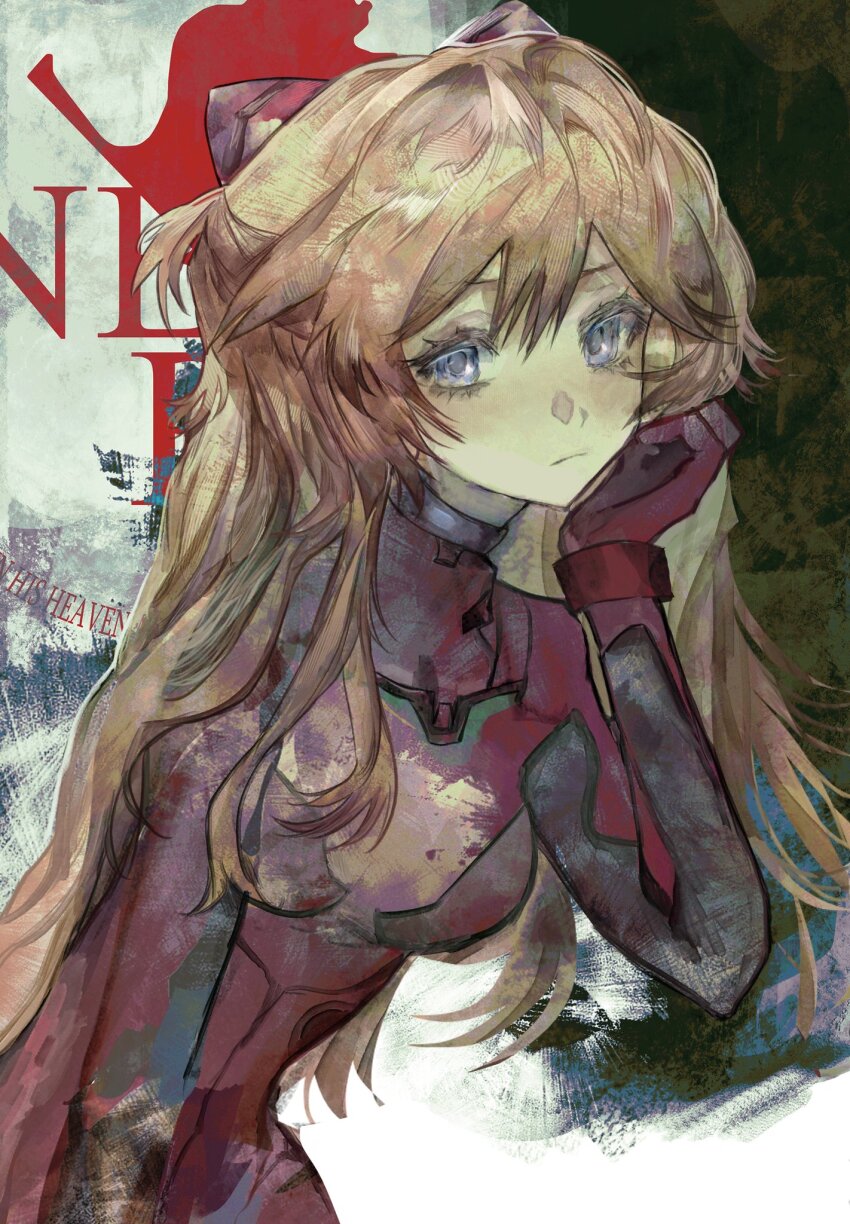 1girl blue_eyes bodysuit closed_mouth gq40415378 hand_on_own_cheek hand_on_own_face highres interface_headset_(evangelion) long_hair looking_at_viewer mecha_pilot_suit neon_genesis_evangelion nerv orange_hair plugsuit_(evangelion) red_bodysuit solo souryuu_asuka_langley two_side_up