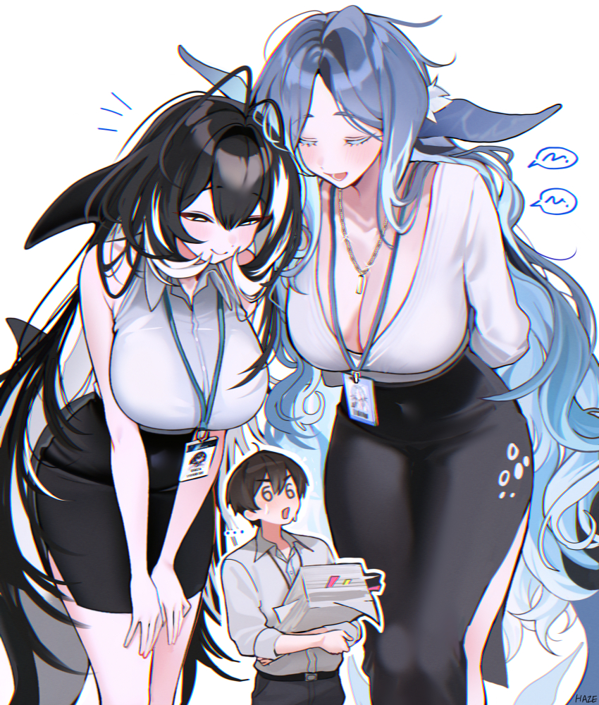 ... 1boy 2girls absurdres artist_name belt black_belt black_hair black_pants black_skirt blue_hair braid breasts cetacean_tail cleavage closed_eyes closed_mouth collared_shirt commentary dorsal_fin fins fish_tail giant giantess haze_(7h4ze) highres holding holding_paper id_card large_breasts long_skirt looking_at_another miniskirt multicolored_hair multiple_girls office_lady open_mouth orca_(haze_(7h4ze)) orca_girl original pants paper pencil_skirt shirt single_braid skirt sleeveless sleeveless_shirt smile spoken_ellipsis streaked_hair tail two-tone_hair whale_girl white_background white_eyes white_hair white_shirt