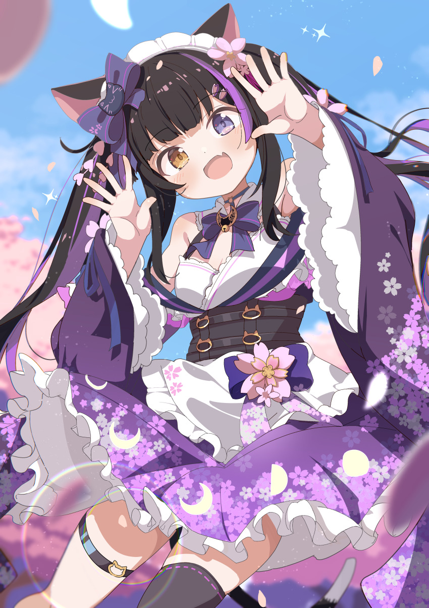 1girl :d absurdres animal_ears apron black_hair black_thighhighs blue_sky blunt_bangs blurry blush bow breasts cat_ears cat_girl cat_tail cherry_blossoms choker colored_inner_hair commission day falling_petals fang floral_print flower frills hair_bow hair_flower hair_ornament hands_up heterochromia highres indie_virtual_youtuber japanese_clothes kimono kurotsuki_yozakura long_hair long_sleeves looking_at_viewer maid maid_headdress multicolored_hair open_mouth outdoors petals purple_bow purple_eyes purple_hair purple_kimono shiro9jira single_thighhigh skeb_commission skin_fang sky smile solo streaked_hair tail thigh_strap thighhighs twintails two-tone_hair virtual_youtuber wa_maid wide_sleeves yellow_eyes
