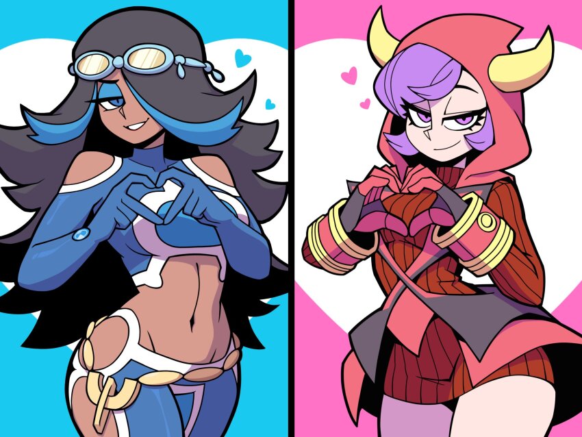 2girls bean52623818 black_hair blue_eyes blue_hair blush breasts courtney_(pokemon) crop_top dark-skinned_female dark_skin dress fake_horns game_freak gloves goggles goggles_on_head hair_over_one_eye heart heart_hands highres hood hood_up hoodie horned_headwear horned_hood horns large_breasts long_hair long_sleeves looking_at_viewer makeup midriff multicolored_hair multiple_girls navel nintendo pokemon pokemon_oras purple_eyes purple_hair ribbed_sweater shelly_(pokemon) short_hair smile sweater team_aqua team_magma team_magma_uniform two-tone_hair