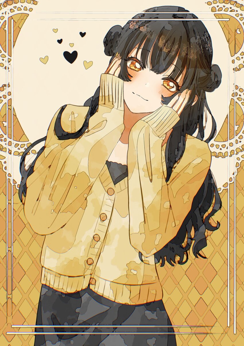 1girl argyle_background argyle_clothes black_hair black_skirt blush brown_background brown_cardigan brown_nails cardigan closed_mouth commentary_request dot_nose double_bun hair_between_eyes hair_bun hands_on_own_cheeks hands_on_own_face heart highres idolmaster idolmaster_shiny_colors leaning_to_the_side long_hair long_sleeves mayuzumi_fuyuko paddy_field skirt sleeves_past_wrists smile solo upper_body yellow_eyes