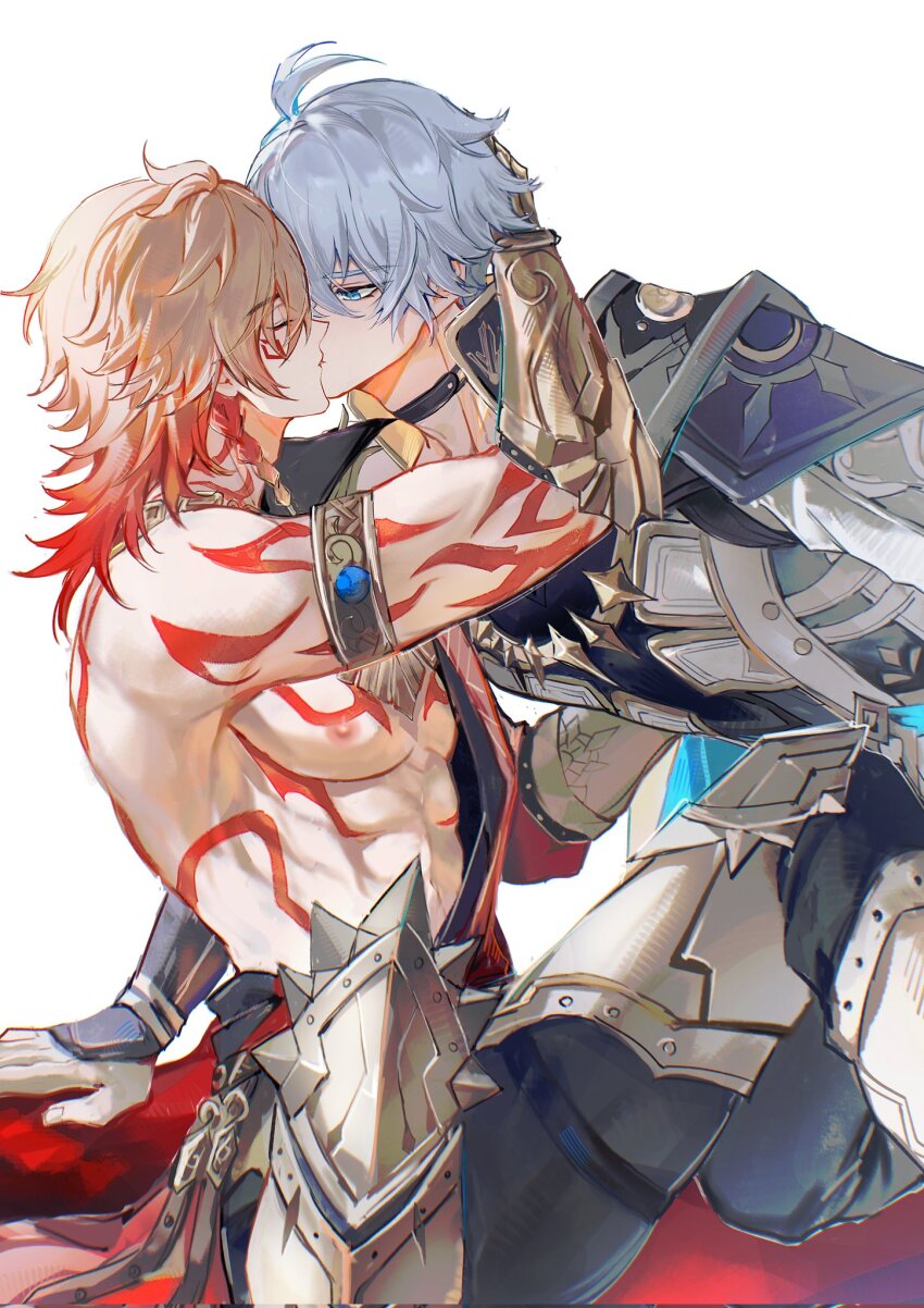 2boys abs antenna_hair arm_tattoo armlet armor armored_boots bare_pectorals black_choker black_coat black_pants black_shirt blonde_hair blue_cape boots braid cape chest_tattoo choker closed_eyes coat facial_tattoo gold_necklace gradient_hair hair_between_eyes hand_on_another&#039;s_head hashtag-only_commentary highres honkai:_star_rail honkai_(series) jewelry kiss looking_at_another male_focus medium_hair multicolored_hair multiple_boys mydei_(honkai:_star_rail) necklace open_clothes open_coat pants parted_bangs pauldrons pectorals phainon_(honkai:_star_rail) qiaose33912 red_hair red_tattoo shirt short_hair shoulder_armor side_braid single_pauldron tattoo toned toned_male white_coat white_hair yaoi