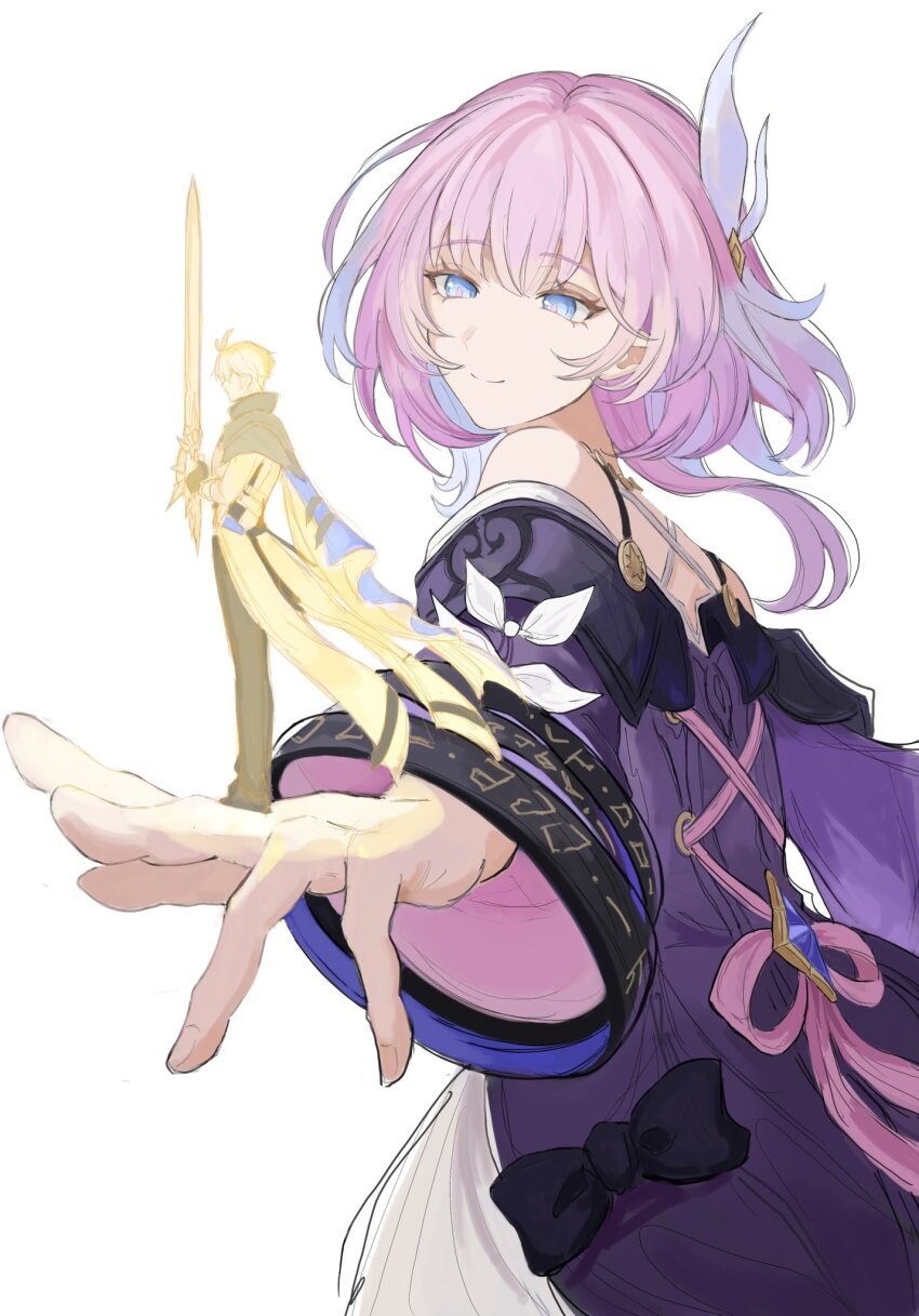 1boy 1girl bare_shoulders blue_eyes coat cyrene_(honkai:_star_rail) dress f_ron hashtag-only_commentary highres holding holding_sword holding_weapon honkai:_star_rail honkai_(series) medium_hair multicolored_hair pants phainon_(honkai:_star_rail) pink_hair pink_pupils purple_coat simple_background smile sword two-tone_hair weapon white_background white_dress white_hair