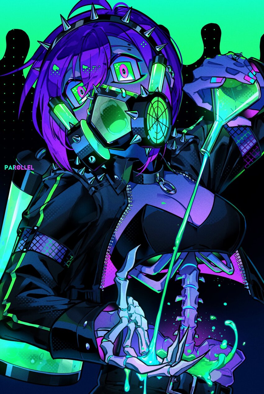 1girl antenna_hair artist_name belt black_background black_belt black_choker black_hairband black_jacket black_mouth blue_nails bob_cut breasts choker cleavage colored_skin colored_tongue commentary detached_collar double-parted_bangs double_vertical_stripe english_commentary fangs glowing glowing_eyes green_background green_eyes green_tongue hairband halftone halftone_background highres holding_potion jacket long_sleeves looking_at_viewer mask medium_breasts nail_polish o-ring o-ring_choker open_clothes open_jacket open_mouth original par0llel pelvis pink_jacket pink_nails purple_hair purple_skin respirator ribs short_hair simple_background skeletal_hand slime_(substance) solo spiked_hairband spikes square_eyes teeth tongue two-sided_fabric two-sided_jacket two-tone_background two-tone_nails upper_body