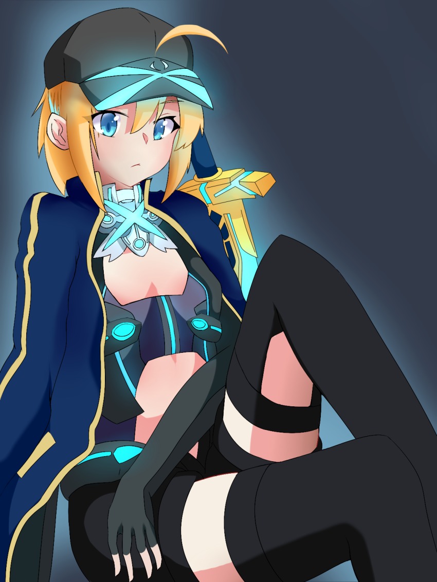1girl ahoge alternate_eye_color artoria_pendragon_(fate) baseball_cap black_thighhighs blonde_hair excalibur_(fate/stay_night) fate/grand_order fate_(series) female_focus flat_chest green_eyes hat highres jacket mysterious_heroine_x_(fate) neon_trim okita_shigu ponytail rojiura_satsuki_:_chapter_heroine_sanctuary saber_(fate) short_shorts shorts sitting solo sword thighhighs track_jacket tron weapon zettai_ryouiki