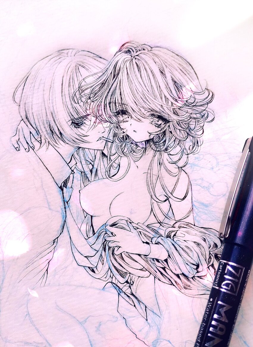 1boy 1girl art_tools_in_frame aya_carmine breasts cigarette clothes_down commentary_request couple expressionless hetero highres hitomi_hirosuke_(sayonara_wo_oshiete) jacket lineart looking_at_viewer medium_breasts millipen_(medium) monochrome nipples pen_(medium) photo_(medium) sayonara_wo_oshiete sugamo_mutsuki traditional_media unfinished