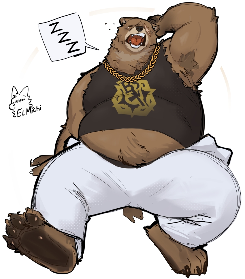 1boy animal_ears armpit_hair armpits artist_name bara barefoot bear_boy bear_ears belly ben_bigger biceps black_tank_top brown_fur chain chain_necklace claws closed_eyes commentary english_commentary fangs fat fat_man furry furry_male highres jewelry male_focus midriff moonelmalito necklace one_eye_closed open_mouth pants pawpads scar scar_across_eye scar_on_face sitting speech_bubble stretching tank_top torn_clothes white_pants yawning zenless_zone_zero zzz