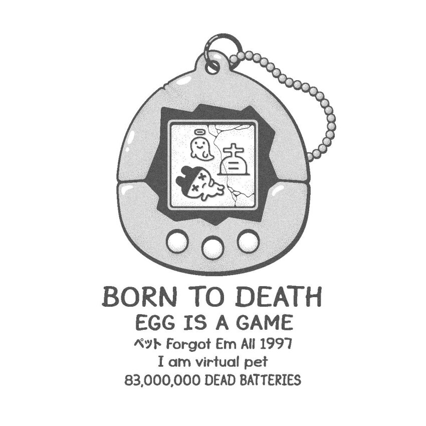 born_to_die_world_is_a_fuck_(meme) charm_(object) commentary death drew_wise english_text engrish_text ghost greyscale halo highres mametchi meme monochrome no_humans ranguage symbol-only_commentary tamagotchi tamagotchi_(classic) tamagotchi_(virtual_pet) tombstone virtual_pet_(toy)