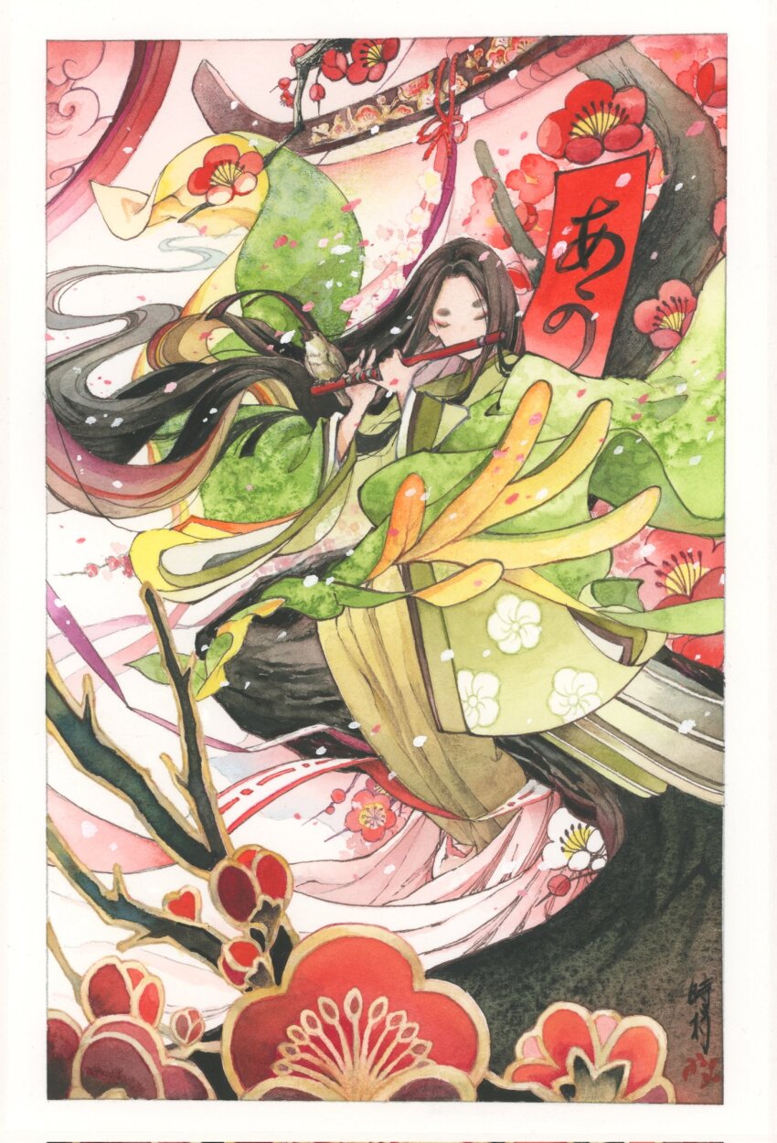 1girl absurdly_long_hair bird bird_on_instrument black_hair border card_(medium) closed_eyes commentary floral_print floral_print_kimono flower flute green_kimono hanafuda highres hikimayu holding holding_flute holding_instrument in_tree instrument japanese_bush_warbler japanese_clothes kimono long_hair music open_mouth original painting_(medium) paper playing_flute playing_instrument plum_blossom_print plum_blossoms print_kimono red_flower s.tokimura signature sitting sitting_in_tree solo traditional_media tree very_long_hair watercolor_(medium) white_border white_flower wide_sleeves