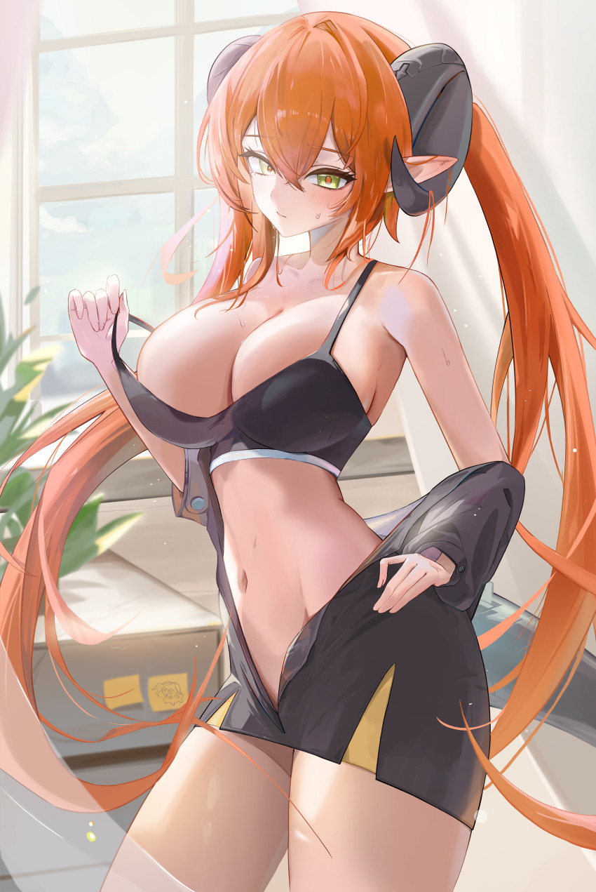 1girl absurdres bare_shoulders black_horns black_jacket black_sports_bra blush breasts chowol cleavage collarbone commentary crop_top crossed_bangs curled_horns curtains day english_commentary green_eyes hair_between_eyes hand_on_own_hip hand_up highres horns indoors jacket large_breasts light_particles long_hair looking_at_viewer navel off_shoulder orange_hair orange_pupils orphie_magnusson plant pointy_ears sidelocks solo sports_bra standing stomach strap_pull sweat sweatdrop tail thighs twintails very_long_hair window zenless_zone_zero