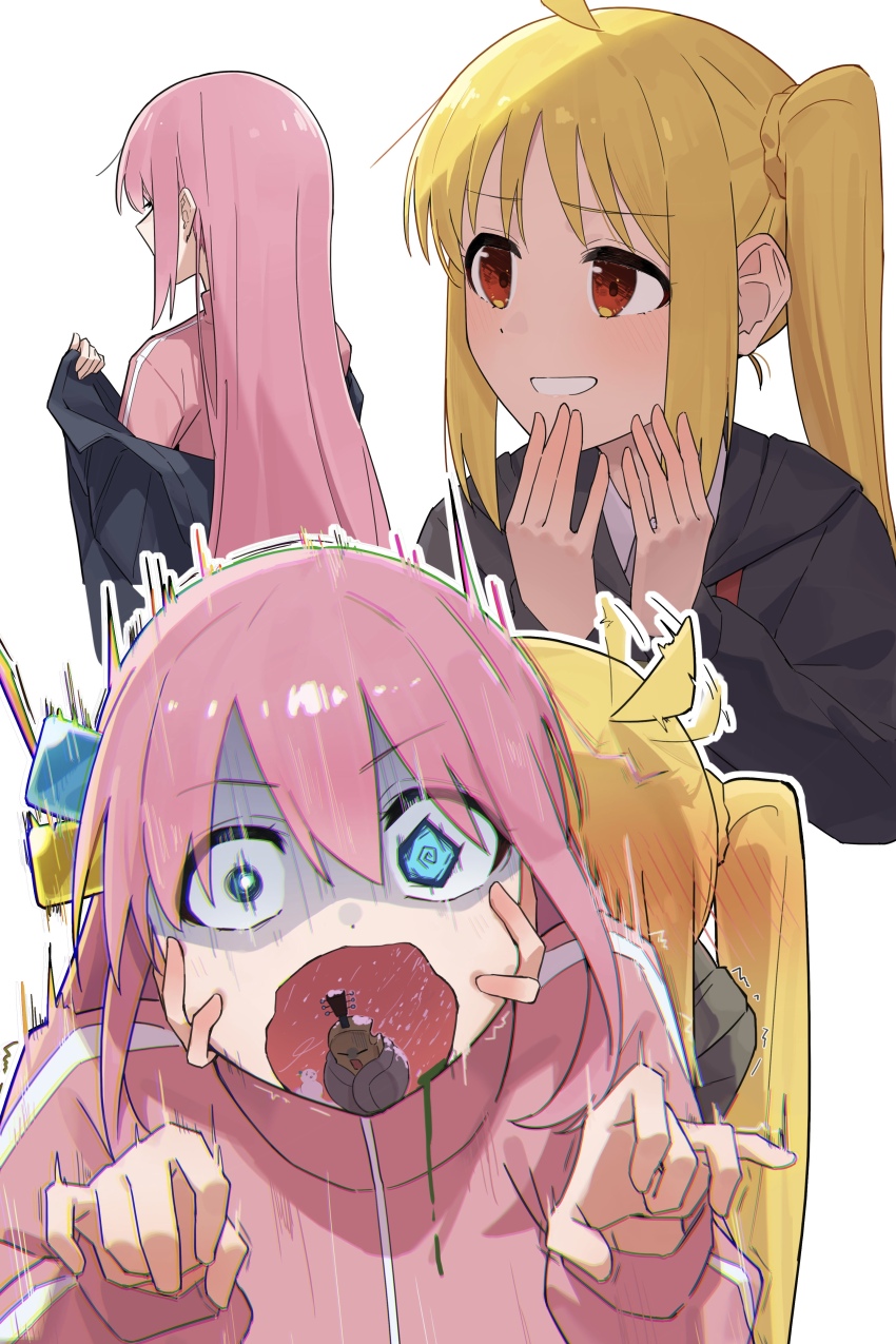 2girls absurdres ahoge blonde_hair blue_eyes blush bocchi_the_rock! character_request commentary cube_hair_ornament detached_ahoge from_behind gotoh_hitori hair_between_eyes hair_blush hair_ornament hands_on_another&#039;s_cheeks hands_on_another&#039;s_face hands_up highres ijichi_nijika jacket long_hair long_sleeves looking_at_another looking_at_viewer motion_lines multiple_girls open_mouth pink_hair pink_jacket seisyuntarotto side_ponytail sidelocks simple_background smile symbol-only_commentary teeth track_jacket white_background