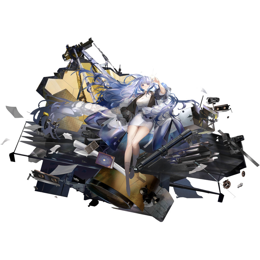 1girl blue_eyes blue_hair book breasts cleavage dress full_body game_cg girls&#039;_frontline girls&#039;_frontline_neural_cloud highres holding hubble_(neural_cloud) james_webb_space_telescope large_breasts long_hair official_art scarf solo telescope transparent_background very_long_hair white_dress