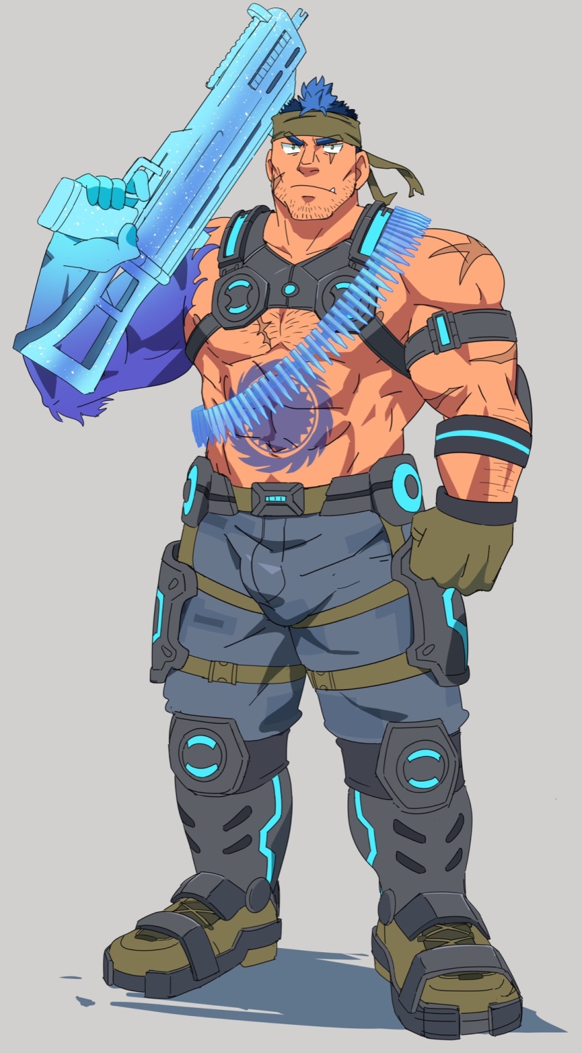 1boy abs arm_hair bara bare_shoulders beard blue_hair blue_pants blue_skin bulge character_request chest_hair chest_harness colored_skin dark-skinned_male dark_skin eyebrows_visible_through_headband facial_hair facial_scar fang full_body gloves glowing glowing_weapon grey_background gun harness headband highres holding holding_gun holding_weapon kneehighs large_pectorals live_a_hero looking_at_viewer male_focus mature_male mohawk muscular muscular_male nipples pants pectoral_cleavage pectorals ruizu_(takakisan503) scar scar_across_eye scar_on_arm scar_on_cheek scar_on_chest scar_on_face short_hair sideburns sidepec socks solo standing stomach stomach_tattoo stubble tattoo thick_thighs thighs weapon