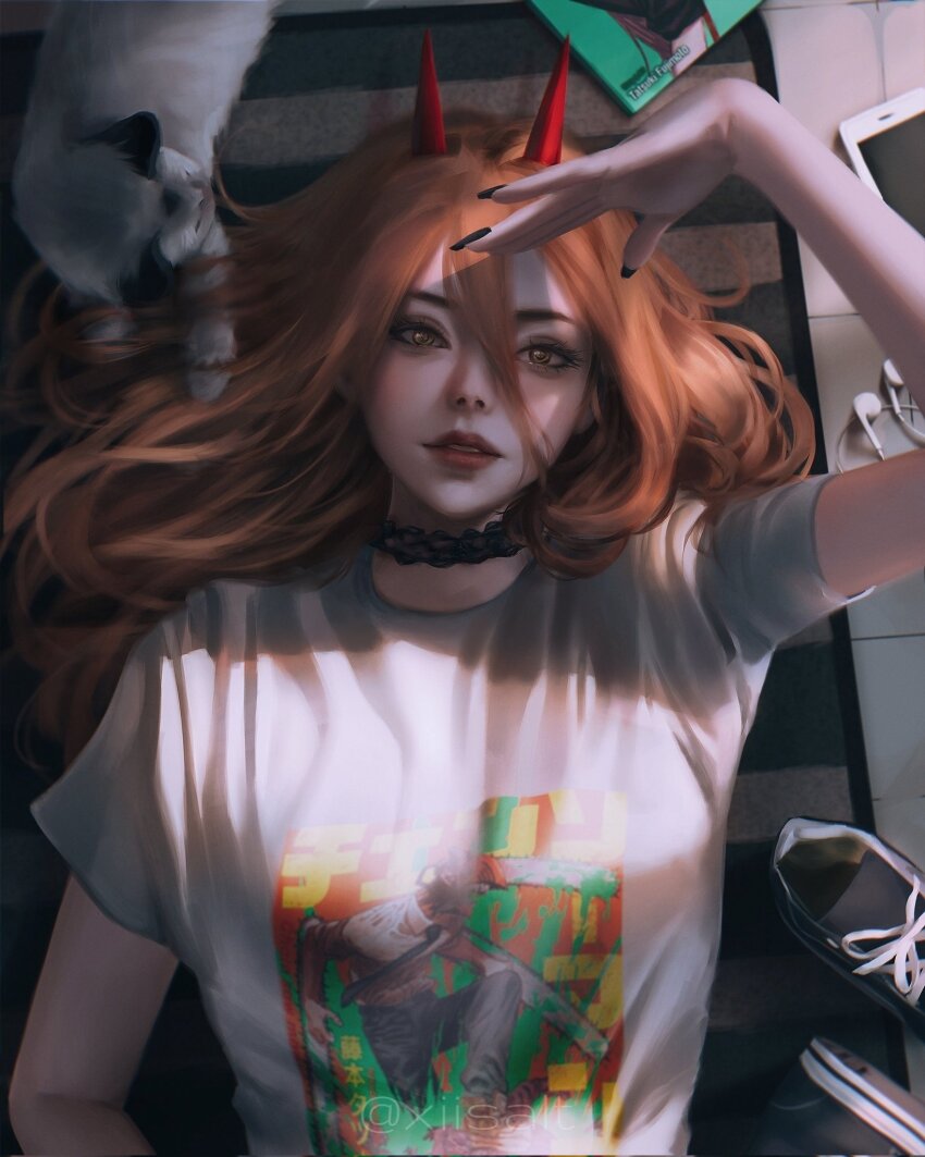 1girl black_choker black_nails blush breasts cat cellphone chainsaw_man choker commentary denji_(chainsaw_man) english_commentary frilled_choker frills hair_between_eyes hand_on_own_forehead highres horns long_hair looking_at_viewer lying manga_(object) meowy_(chainsaw_man) on_back parted_lips phone pink_hair power_(chainsaw_man) print_shirt realistic red_horns removing_earbuds shirt shoes small_breasts smartphone sneakers striped_carpet t-shirt teeth twitter_username upper_body xiisalt yellow_eyes