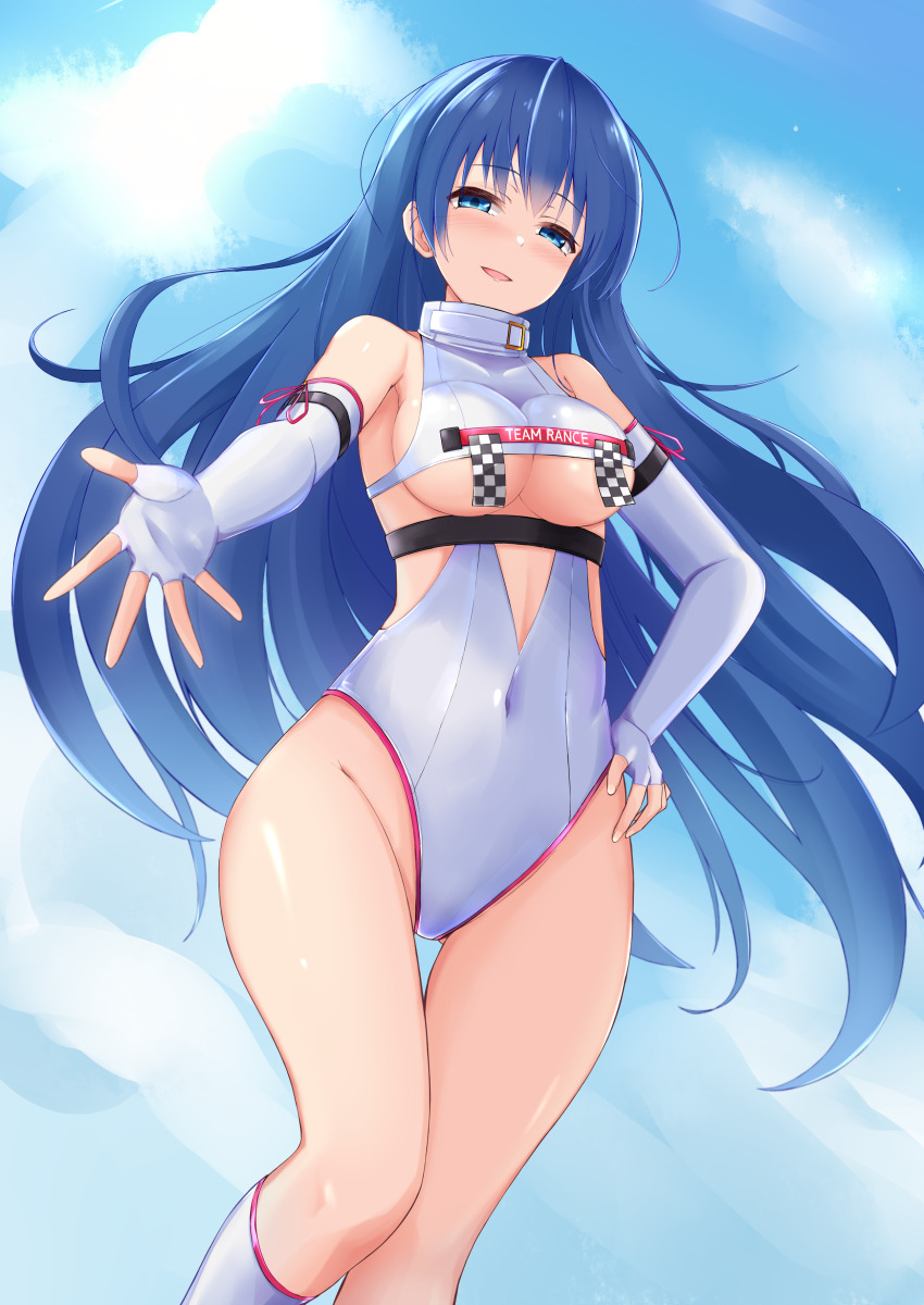 1girl absurdres blue_eyes blue_hair breasts commission commissioner_upload covered_navel detached_sleeves eld_pld highres leotard lia_parapara_leazas long_hair looking_at_viewer non-web_source race_queen rance_(series) skeb_commission thighs underboob
