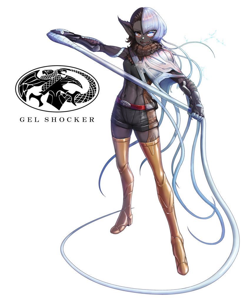 1girl animal_ears asymmetrical_hair belt belt_buckle black_shorts body_fur boots brown_eyes brown_fur brown_hair buckle colored_eyelashes commentary cyborg dark-skinned_female dark_skin eidenjyou1997 electricity english_commentary genderswap genderswap_(mtf) heterochromia highres jellyfish_girl kamen_rider kamen_rider_(1st_series) kurage_wolf logo midriff monster_girl multicolored_hair red_belt sharp_teeth shorts simple_background solo split-color_hair teeth tentacle_arm tentacles thigh_boots white_background white_eyes white_hair wolf_ears wolf_girl yellow_boots