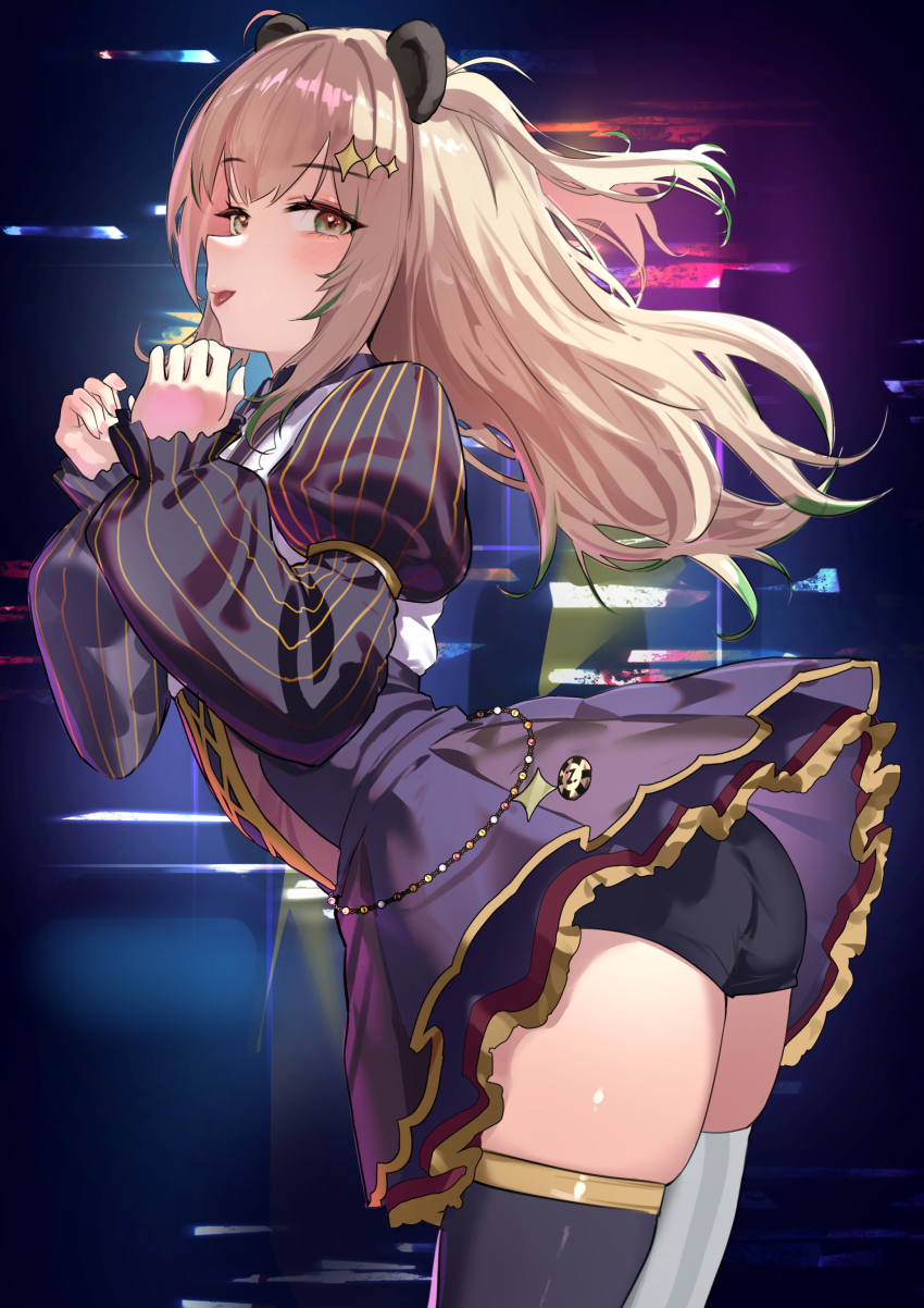 1girl absurdres amatsuna_sasaha animal_ears ass black_shorts black_thighhighs blonde_hair blush closed_mouth commentary_request cowboy_shot dress grey_background haikeiyu highres juliet_sleeves long_hair long_sleeves looking_at_viewer mismatched_thighhighs nanashi_inc. panda_ears panda_girl puffy_sleeves purple_dress shorts shorts_under_dress smile solo striped_clothes striped_dress thighhighs tongue tongue_out two_side_up vest virtual_youtuber white_thighhighs white_vest