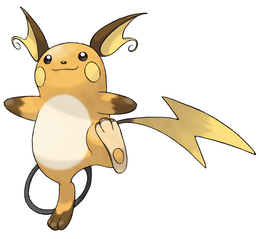 :3 closed_mouth full_body gen_1_pokemon highres nintendo no_humans official_art pokemon pokemon_(creature) pokemon_focus pokemon_frlg raichu smile solo standing standing_on_one_leg sugimori_ken third-party_source transparent_background