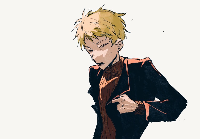 1boy atou_haruki beiquqian black_jacket blonde_hair brown_sweater commentary hand_up highres jacket lapels male_focus narrowed_eyes notched_lapels open_clothes open_jacket open_mouth red_eyes ribbed_sweater saibou_shinkyoku short_hair simple_background solo sweat sweater symbol-only_commentary turtleneck turtleneck_sweater upper_body white_background