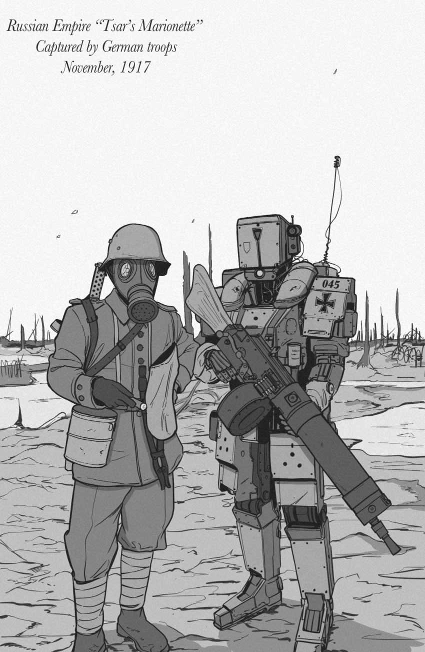 1boy anachronism battlefield cigarette cross english_text gas_mask girls&#039;_frontline greyscale gun gun_on_back highres holding holding_cigarette holding_gun holding_weapon humanoid_robot imperial_german_army iron_cross kcco_(girls&#039;_frontline) machine_gun mask maxim_gun monochrome mp18 parabellum photo-referenced robot submachine_gun weapon weapon_on_back world_war_i