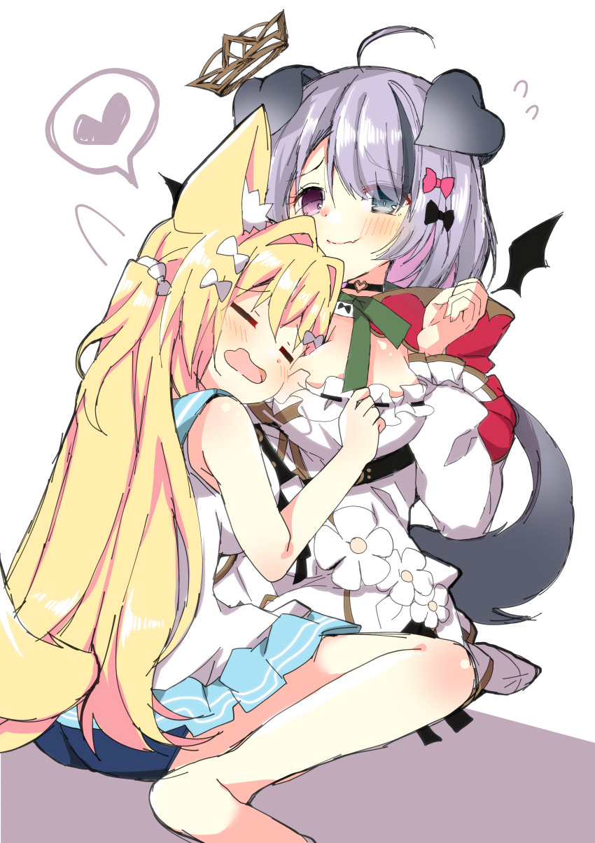 2girls absurdres ahoge animal_ears ass bare_shoulders barefoot between_breasts black_hair blonde_hair blue_panties blue_sailor_collar breasts capelet closed_eyes closed_mouth copyright_request dress eyes_visible_through_hair flower flying_sweatdrops fox_ears fox_girl fox_tail frilled_dress frills fuuna_thise grey_eyes grey_hair hair_over_one_eye head_between_breasts heart heterochromia highres hood hood_down hooded_capelet large_breasts long_hair multicolored_hair multiple_girls open_mouth panties red_capelet red_eyes ribbon-trimmed_dress ribbon_trim sailor_collar sailor_dress simple_background sleeveless sleeveless_dress spoken_heart streaked_hair tail two_side_up underwear very_long_hair virtual_youtuber wavy_mouth white_background white_dress white_flower