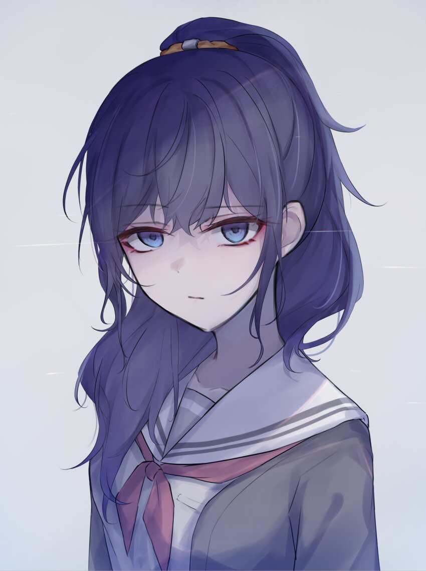 1girl absurdres asahina_mafuyu black_cardigan blue_eyes cardigan closed_mouth drizzle0600 grey_background grey_serafuku hair_between_eyes hair_over_shoulder highres jacket long_hair long_sleeves looking_at_viewer miyamasuzaka_girls&#039;_academy_school_uniform ponytail project_sekai purple_eyes purple_hair ribbed_cardigan sailor_collar school_uniform serafuku shirt simple_background white_sailor_collar