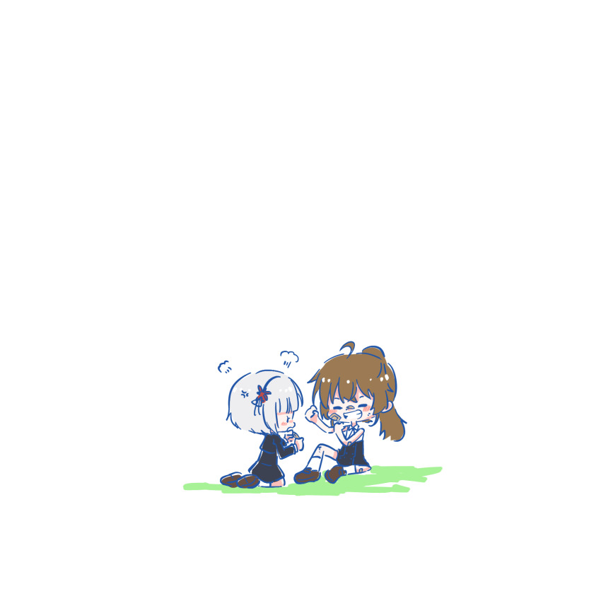 2girls =_= aged_down ahoge annoyed applying_bandaid assault_lily bandaid bandaid_on_arm bandaid_on_cheek bandaid_on_face bandaid_on_knee bandaid_on_leg bandaid_on_nose bare_arms bare_shoulders black_hairband black_ribbon black_skirt blunt_bangs blush brown_footwear brown_hair buttons chibi clenched_hand collared_shirt commentary_request cropped_jacket crossed_bangs facing_another flower grey_hair grin hair_flower hair_ornament hair_ribbon hairband hand_on_own_arm high-waist_skirt high_ponytail highres holding_bandaid juliet_sleeves knee_up kneeling kondou_misaka long_hair long_sleeves looking_at_another multiple_girls parted_lips ponytail profile puff_of_air puffy_sleeves red_flower ribbon school_uniform scrape scraped_knee shirt shoe_soles short_hair simple_background sitting skirt sleeveless sleeveless_shirt smile socks solid_oval_eyes teisuu white_background white_shirt white_socks yamaguchi_chihiro_(assault_lily) yurigaoka_girls_academy_school_uniform