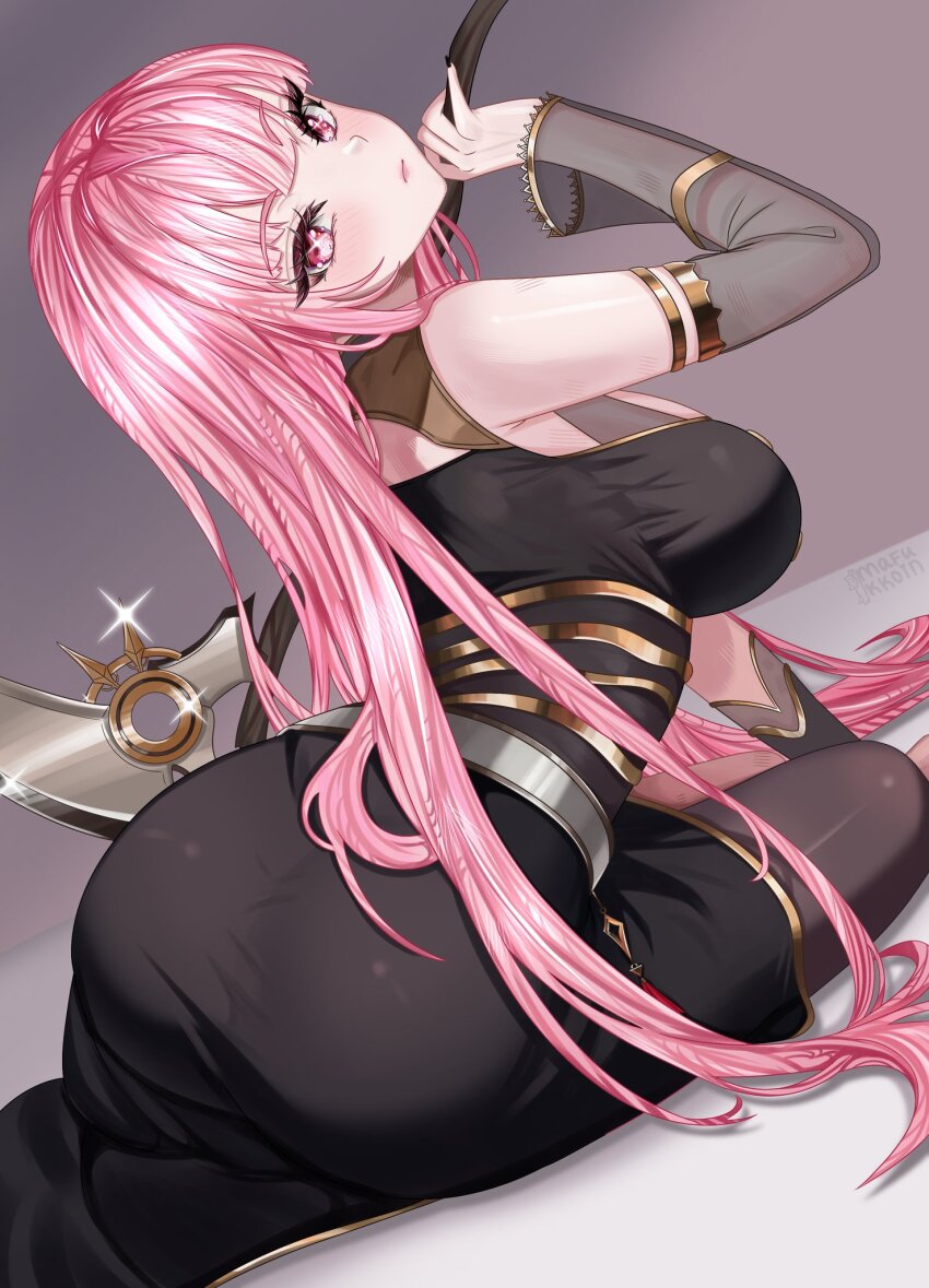 1girl arched_back ass black_dress black_thighhighs blunt_bangs bracer breasts closed_mouth commentary detached_sleeves dress expressionless from_behind gold_trim highres holding holding_scythe hololive hololive_english large_breasts long_dress long_hair looking_at_viewer looking_back mafukkoin mori_calliope mori_calliope_(1st_costume) pink_eyes pink_hair scythe see-through_clothes see-through_sleeves side_slit sidelocks single_detached_sleeve single_thighhigh sitting sleeveless sleeveless_dress solo straight_hair symbol-only_commentary thighhighs virtual_youtuber