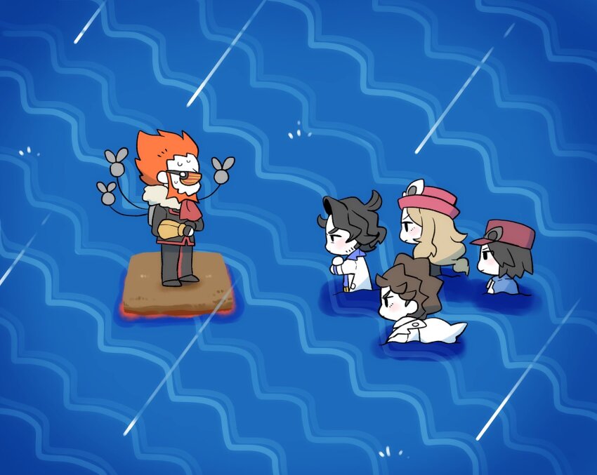 afloat professor_sycamore black_coat black_hair blonde_hair brown_hair calem_(pokemon) coat commentary_request crossed_arms diantha_(pokemon) eyewear_on_headwear from_side gohan_(horth-waribasi) hat long_hair lysandre_(pokemon) nintendo orange_hair pokemon pokemon_emerald pokemon_rse pokemon_xy rain scene_reference serena_(pokemon) short_hair standing sunglasses v-shaped_eyebrows water white-framed_eyewear