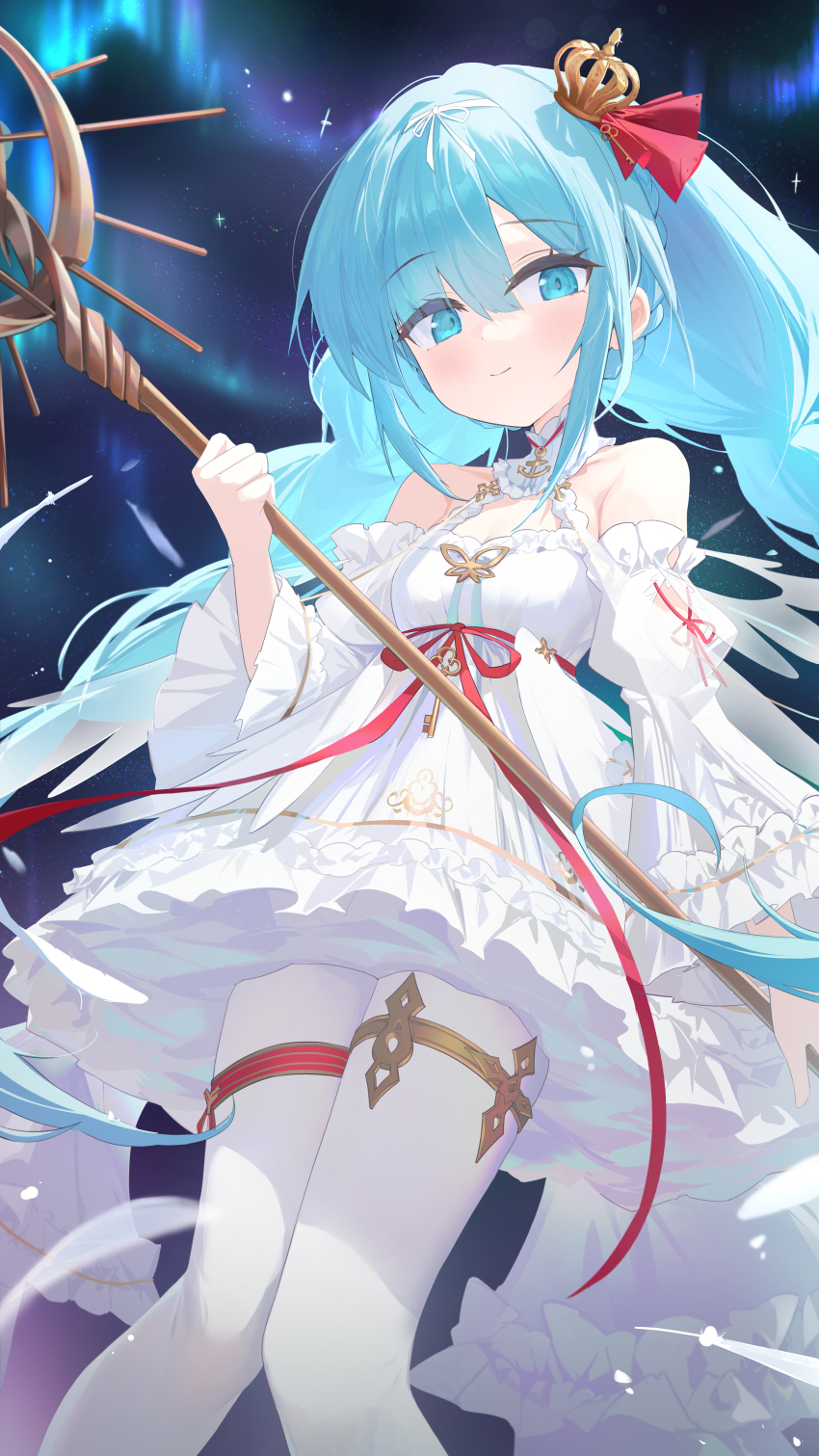 1girl absurdres azur_lane bare_shoulders blue_eyes blue_hair braid breasts closed_mouth crown dress frilled_dress frills hair_between_eyes hand_up highres holding holding_staff janus_(azur_lane) looking_at_viewer low_twin_braids mini_crown pantyhose petite small_breasts smile solo staff tilted_headwear twin_braids white_dress white_pantyhose ye_yemail