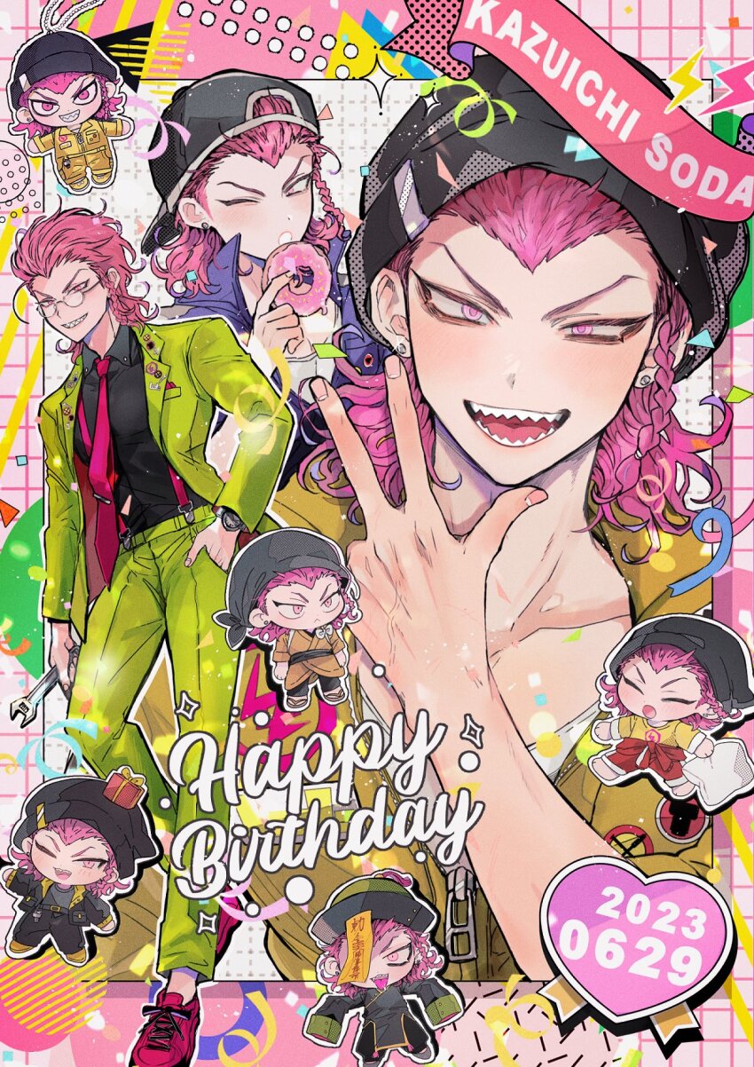 backwards_hat black_hat braid character_name chibi confetti danganronpa_(series) danganronpa_2:_goodbye_despair donut food grin happy_birthday hat highres holding holding_food holding_wrench joonoyuki jumpsuit male_focus multiple_views necktie ofuda ofuda_on_head open_mouth pants pink_hair red_necktie sharp_teeth smile soda_kazuichi teeth wrench yellow_pants zipper_pull_tab