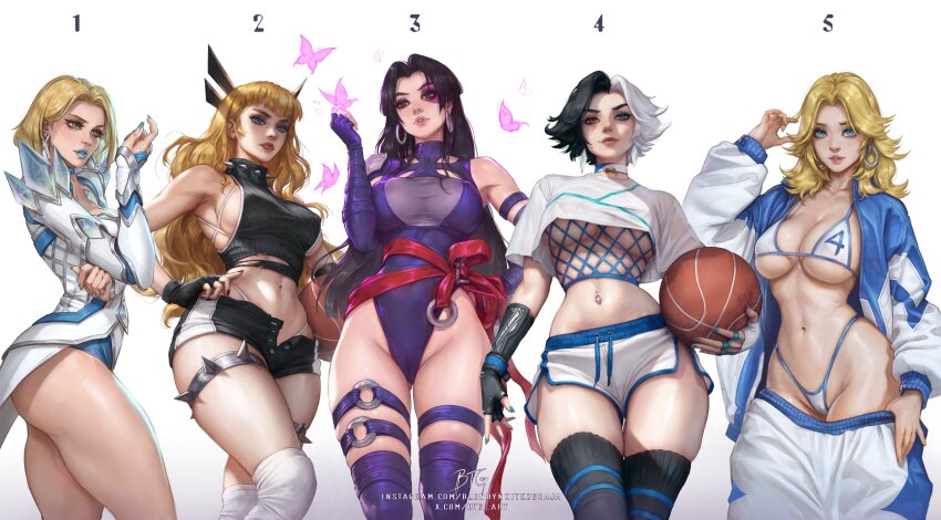 absurdres ball basketball_(object) bikini black_hair blondynkitezgraja blue_eyes breasts choker crop_top earrings emma_frost fantastic_four fingerless_gloves gloves heterochromia highleg highleg_leotard highres jacket jewelry large_breasts leotard long_hair looking_at_viewer luna_snow magik_(x-men) marvel marvel_rivals multicolored_hair navel psylocke psylocke_(vengeance) purple_eyes purple_leotard red_sash sash short_hair shorts smile split-color_hair sue_storm superhero_costume swimsuit thighhighs two-tone_hair waist_sash white_hair x-men