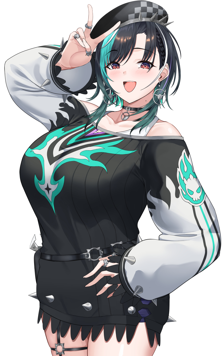 1girl absurdres aqua_hair arisugawa_ya beret black_hair black_hat black_shirt breasts choker collarbone hat highres hololive hololive_dev_is jewelry large_breasts long_sleeves looking_at_viewer multicolored_hair open_mouth red_eyes ribbed_shirt rindo_chihaya ring shirt simple_background smile solo spikes standing streaked_hair teeth upper_teeth_only v virtual_youtuber white_background white_hair
