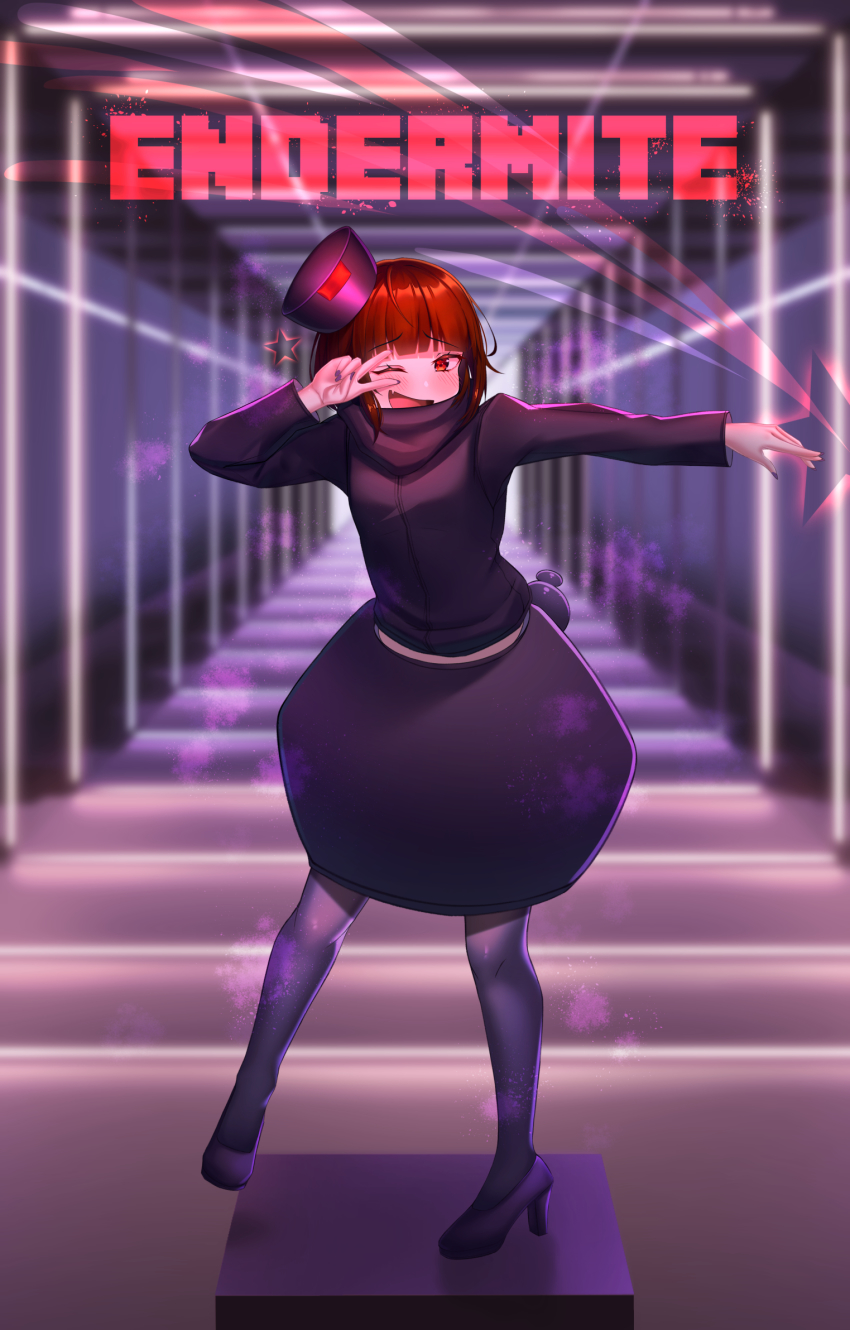1girl black_footwear black_pantyhose black_skirt blunt_bangs blush borrowed_character bowl_cut brown_hair commentary destinyplayer1 endermite english_commentary fang full_body high_heels highres long_sleeves looking_at_viewer minecraft nail_polish one_eye_closed open_mouth pantyhose personification purple_nails red_eyes short_hair skin_fang skirt smile solo v v_over_eye