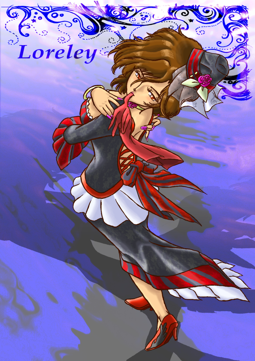 1girl abstract_background back beamed_quavers bow bracelet brown_eyes brown_hair choker female_focus fingernails flower frilled_sleeves frills glove_in_mouth gloves hat hat_rose high_heels highres hobble_dress jewelry long_dress looking_back lovers_suicide_oblivion_(vocaloid) meiko_(lorelei)_(vocaloid) meiko_(vocaloid) mini_hat mouth_hold musical_note nail_polish project_diva_(series) project_diva_extend purple_nails red_bow red_gloves red_shoes rose sheet_music shoes short_hair solo takaimp treble_clef vocaloid