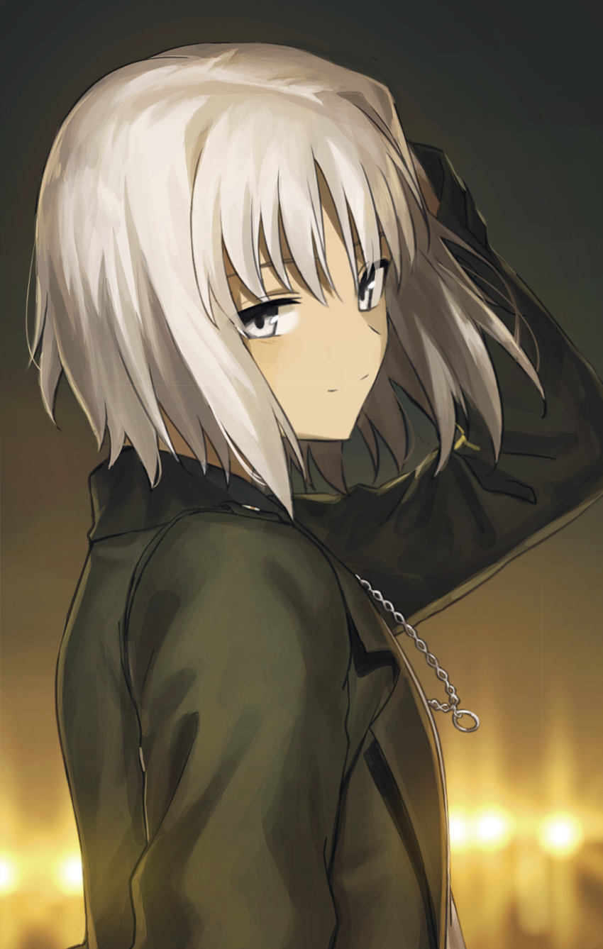 1girl 428 428:_fuusa_sareta_shibuya_de bad_id bad_pixiv_id black_jacket canaan_(character) canaan_(series) chain closed_mouth from_side grey_eyes hair_between_eyes hand_in_own_hair highres jacket long_sleeves okakasushi open_clothes open_jacket short_hair silver_hair smile solo upper_body