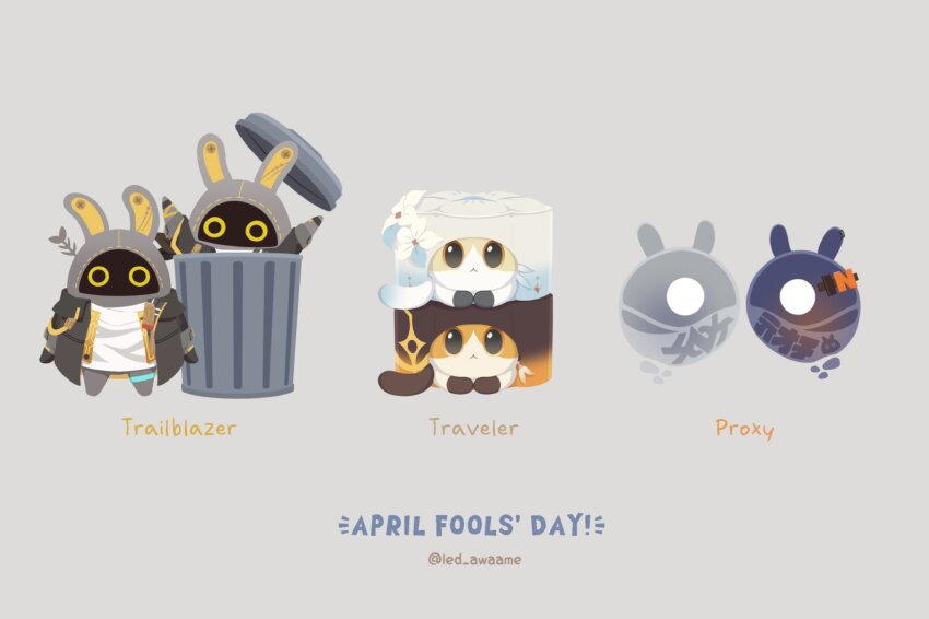 6+others :3 aether_(genshin_impact) april_fools artist_name bangboo_(zenless_zone_zero) belle_(zenless_zone_zero) brother_and_sister caelus_(honkai:_star_rail) cat commentary commentary_request dual_persona english_text genshin_impact grey_background highres honkai:_star_rail honkai_(series) led_awaame looking_at_viewer lumine_(genshin_impact) mihoyo multiple_others personality_switch siblings simple_background stelle_(honkai:_star_rail) trailblazer_(honkai:_star_rail) trash trash_can twitter_username wise_(zenless_zone_zero) zenless_zone_zero