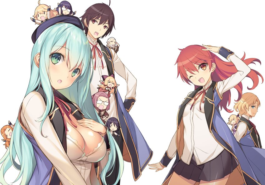 3boys 6+girls :o ;d absurdres advanced_magic_academy_school_uniform alice_corner arm_up august_von_earlshide beret black_skirt blue_hair blush breasts chibi cleavage cleavage_cutout clothing_cutout elizabeth_von_koralle green_eyes hair_between_eyes hand_on_own_chest hat highres kenja_no_mago kikuchi_seiji large_breasts long_hair long_sleeves looking_at_viewer lynn_hughes maria_von_messina may_von_earlshide medium_breasts melida_bowen merlin_wolford miniskirt multiple_boys multiple_girls neck_ribbon official_art olivia_stone one_eye_closed open_mouth orange_eyes pleated_skirt red_hair ribbon school_uniform shin_wolford sicily_von_claude sidelocks simple_background skirt smile teeth upper_teeth_only white_background yuri_carlton