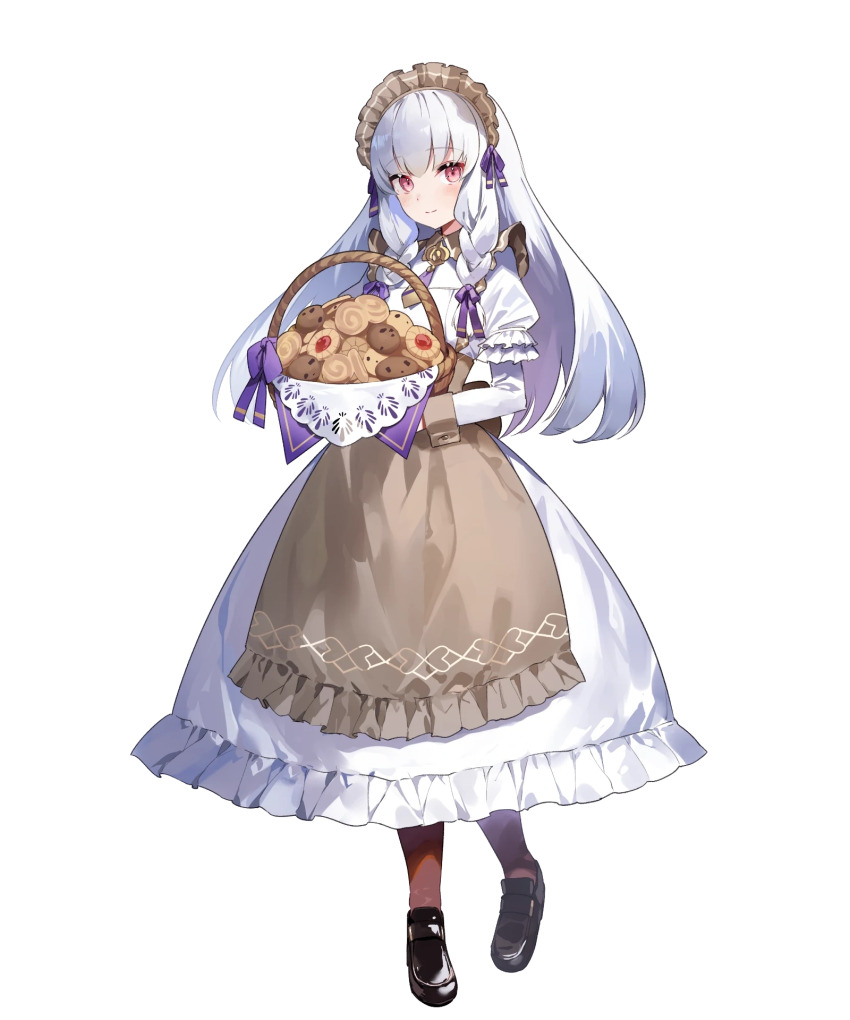 1girl alternate_costume amagasa_yun apron basket blush braid closed_mouth cookie dress fire_emblem fire_emblem:_three_houses fire_emblem_heroes food frills full_body hair_ornament highres holding holding_basket long_hair long_skirt long_sleeves looking_at_viewer lysithea_von_ordelia lysithea_von_ordelia_(tea_party) maid maid_headdress nintendo non-web_source official_art pantyhose puffy_sleeves red_eyes shoes skirt smile solo transparent_background twin_braids wrist_cuffs