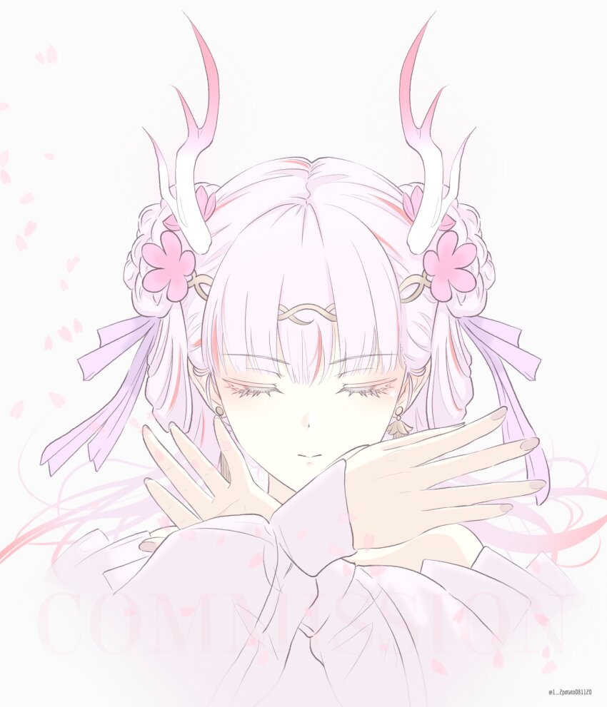 1/2potato 1girl artist_name closed_eyes closed_mouth colored_eyelashes commentary commission crossed_wrists earrings eastern_dragon_horns flower gradient_horns hair_flower hair_ornament hair_ribbon highres horns jewelry jinhsi_(peach_blossom)_(wuthering_waves) jinhsi_(wuthering_waves) long_hair multicolored_horns official_alternate_costume pink_flower pink_hair pink_horns pink_ribbon pink_theme portrait ribbon solo straight-on symbol-only_commentary white_eyelashes white_horns wuthering_waves