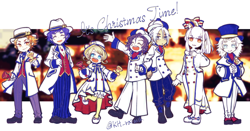 2girls 5boys :3 ascot baldr_(kingdom_hearts) bell black_footwear black_hair black_pants bloomers blue_eyes blue_hair blue_hat blue_pants boots bow bragi_(kingdom_hearts) breasts brown_eyes buttons cabbie_hat christmas closed_eyes closed_mouth coat commentary dark-skinned_male dark_skin disney dot_nose double-breasted dress english_commentary english_text eraqus fedora footwear_bow hand_on_own_chest hat hermod_(kingdom_hearts) highres holding holding_bell it&#039;s_christmas_time!_(disney) kh_raimu kingdom_hearts kingdom_hearts_dark_road light_brown_hair locked_arms long_sleeves medium_hair mini_hat mixed-language_commentary multiple_boys multiple_girls no_nose open_mouth orange_eyes orange_hair outstretched_arm own_hands_clasped own_hands_together pants pantyhose ponytail red_ascot shoes short_hair short_ponytail side_ponytail small_breasts smile standing standing_on_one_leg striped_clothes striped_pants teeth tilted_headwear top_hat twitter_username two-tone_hat underwear upper_teeth_only urd_(kingdom_hearts) vertical-striped_clothes vertical-striped_pants vor_(kingdom_hearts) white_coat white_dress white_footwear white_hair white_hat white_pants xehanort yellow_pantyhose