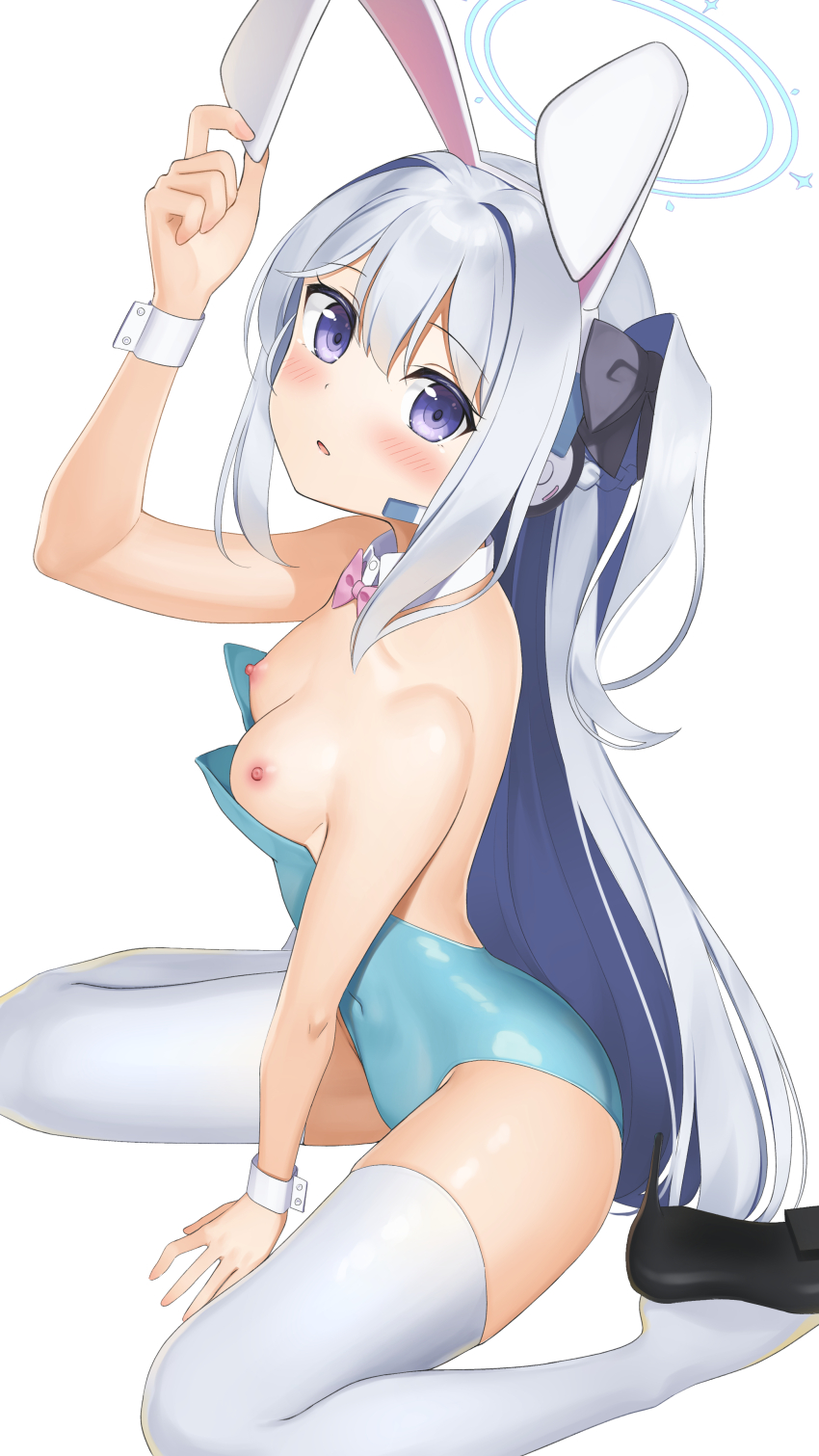 1girl absurdres animal_ears apollo_(hu_maple) bare_shoulders blue_archive breasts cleavage commentary fake_animal_ears hair_ornament hair_ribbon halo hand_on_ground hand_on_own_ear high_heels highres leotard long_hair miyako_(blue_archive) nipples paid_reward playboy_bunny purple_eyes ribbon simple_background sitting strapless strapless_leotard thighhighs wariza white_background white_hair white_thighhighs