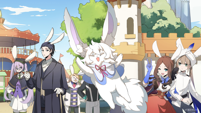 2girls 3boys ;d absurdres animal_ears artist_name atlas_academy_uniform belt black-framed_eyewear black_belt black_capelet black_hair black_jacket blonde_hair blue_gloves blue_hair blue_sky brown_hair buttons capelet captain_nemo_(fate) captain_nemo_(first_ascension)_(fate) carousel chinese_zodiac closed_eyes cloud commentary_request creature darkcatowo day dress elbow_gloves facial_hair fate/grand_order fate_(series) fou_(fate) glasses gloves goredolf_musik gradient_hair green_eyes green_necktie grey_pants hand_on_own_hip highres holding holding_smoking_pipe jacket jumping kemonomimi_mode leonardo_da_vinci_(fate) leonardo_da_vinci_(fate/grand_order) leonardo_da_vinci_(rider)_(fate) long_hair looking_at_viewer multicolored_hair multiple_boys multiple_girls mustache necktie nemo_(fate) one_eye_closed open_mouth outdoors pants purple_hair purple_shirt rabbit_ears red_skirt school_uniform sherlock_holmes_(fate) shirt short_hair sion_eltnam_(type-moon) sion_eltnam_sokaris skirt sky smile smoking_pipe tree twintails two-tone_hair v very_long_hair white_gloves white_shirt white_skirt white_sleeves year_of_the_rabbit